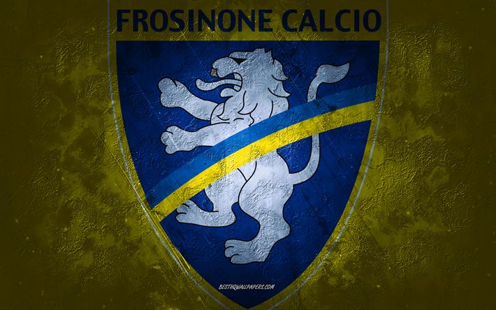 Frosinone Calcio, italienskt fotbollslag, gul bakgrund, Frosinone Calcio-logotyp, grunge konst, Serie B, fotboll, Italien, Frosinone Calcio emblem