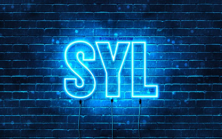 Syl, 4k, pap&#233;is de parede com nomes, nome de Syl, luzes de n&#233;on azuis, Feliz Anivers&#225;rio Syl, nomes masculinos &#225;rabes populares, foto com o nome de Syl