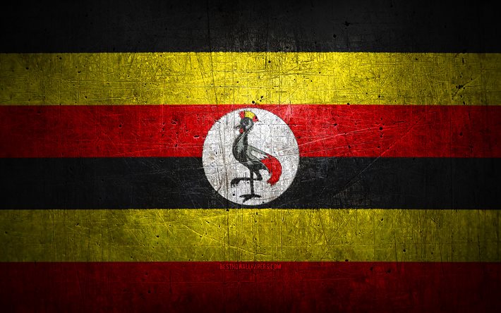 Ugandas metallflagga, grungekonst, afrikanska l&#228;nder, Ugandas dag, nationella symboler, Ugandas flagga, metallflaggor, Afrika, Uganda