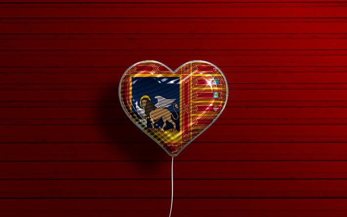 Amo il Veneto, 4k, palloncini realistici, sfondo di legno rosso, Giorno del Veneto, regioni italiane, bandiera del Veneto, Italia, palloncino con bandiera, Veneto