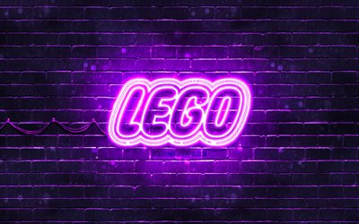 Logo violet LEGO, 4k, mur de briques violet, logo LEGO, marques, logo néon LEGO, LEGO