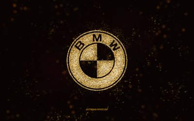 BMWキラキラロゴ, 4k, 黒の背景, BMWロゴ, ゴールドラメアート, BMW, クリエイティブアート, BMWゴールドラメのロゴ