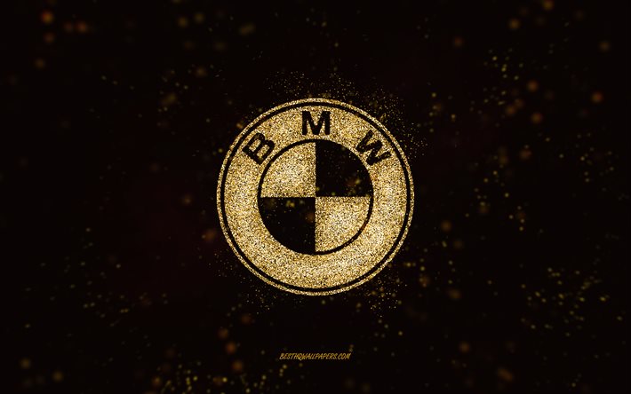 BMW glitter logo, 4k, black background, BMW logo, gold glitter art, BMW, creative art, BMW gold glitter logo