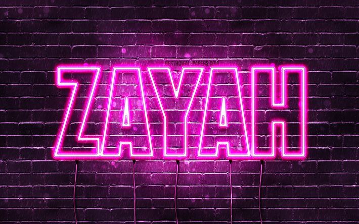 Zayah, 4k, bakgrundsbilder med namn, kvinnliga namn, Zayah-namn, lila neonljus, Grattis p&#229; f&#246;delsedagen Zayah, popul&#228;ra arabiska kvinnliga namn, bild med Zayah-namn