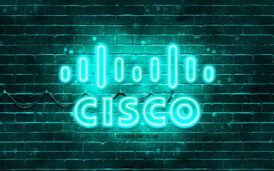 Logo turquoise Cisco, 4k, mur de briques turquoise, logo Cisco, marques, logo néon Cisco, Cisco