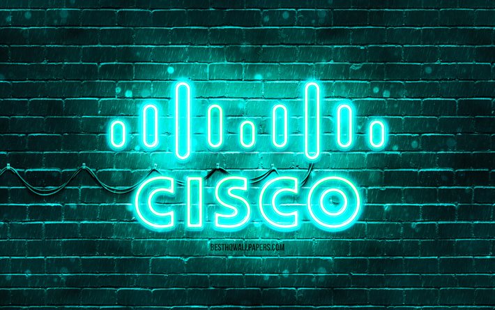 Logo turquoise Cisco, 4k, mur de briques turquoise, logo Cisco, marques, logo n&#233;on Cisco, Cisco