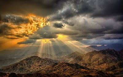las nubes, desert, sunset, sol, monta&#241;as, colinas