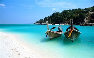 ocean, sand, thailand, shore, palm trees, boats, blue sky