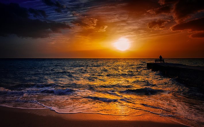 onda, praia, costa, pescador, p&#244;r do sol, noite paisagem, ondas, mar