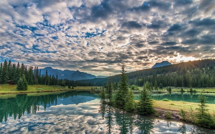 mountains, clouds, evening, tree, sunset, forest, hills, lake