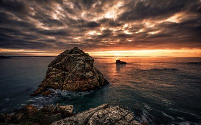 stones, coast, rock, sea, sunset, wave