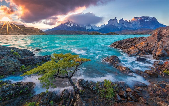 lago azul, chile, noite, onda, p&#244;r do sol, montanhas, lago, patag&#244;nia, no lago pehoe