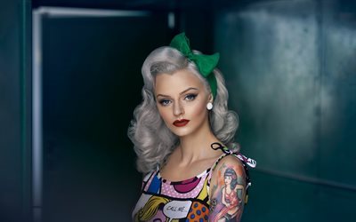 blonde, makeup, tattoo, beautiful girl, portrait