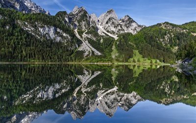 rocks, dachstein mountains, blue sky, lake, austria, gosaukamm, gosauseen, gosau lakes, mountain lake, mountains
