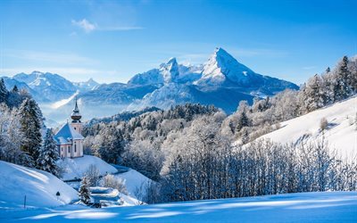 winter, alps, blue sky, mountains, church