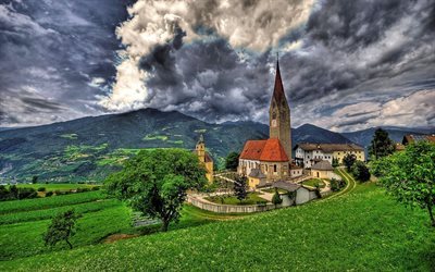 brixen, alps, hdr, church of san michele, bressanone, italy, summer