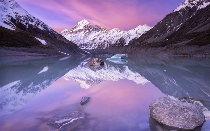 ニュージーランド, 夕日, 山湖, 湖, 山の風景, aoraki mount