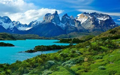 chile, andes, peoe, lake, pehoe lake, mountains, rocks, patagonia