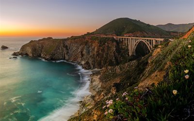 ponte, california, sunset, rock, bixby bridge, big sur, montagna, ca, costa, oceano pacifico