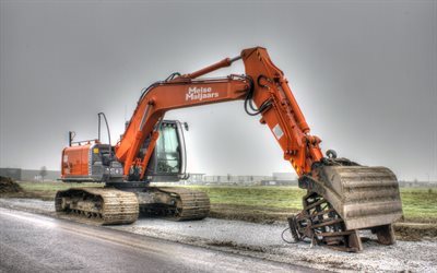 excavator, construction equipment, road, fog