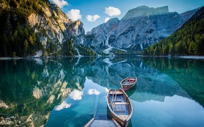 mountain lake, mountains, boats, forest, blue sky, calm