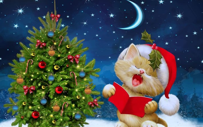 night snow, christmas, winter, christmas tree, cat, new year