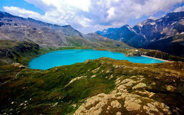barragem, montanhas, lago azul, lago de montanha