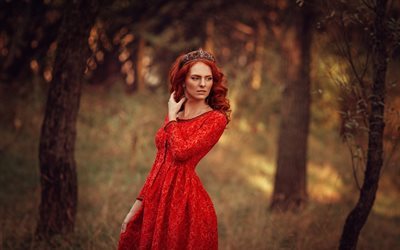 model, beautiful girl, red-haired girl, red dress