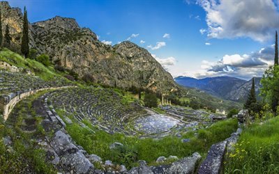 grecia, delphi, montagne, cielo blu, valle, paesaggio di montagna