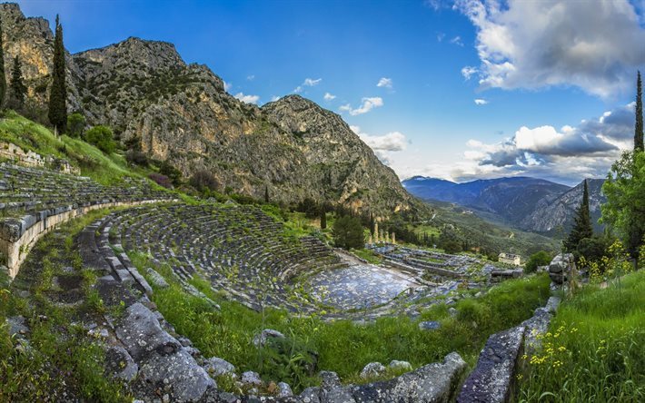 greece, delphi, mountains, blue sky, valley, mountain landscape