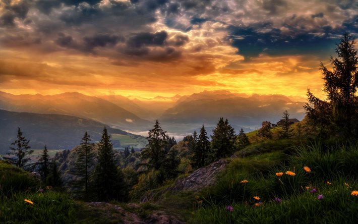 switzerland, mountains, sunset, lake, evening, alps, forest