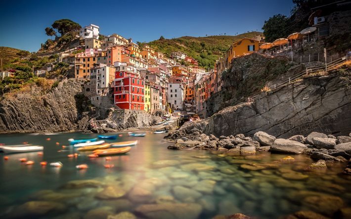 riomaggiore, italy, boats, cinque terre, italian town, ligurian coast, resort