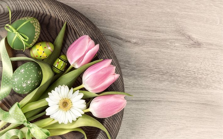 los huevos de pascua, pascua, tulipanes de color rosa, los tulipanes