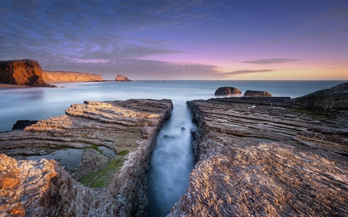 dawn, coast, water, ocean, rocks