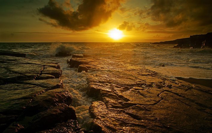 wave, sturm, sunset, meer, sky, sonne