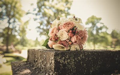 花嫁のブーケ, ブーケのバラの花, 結婚式の花束, バラ, 白バラの花