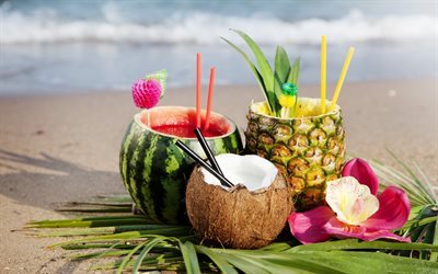 sommar, beach, sommaren drinkar, vattenmelon, kokos, ananas