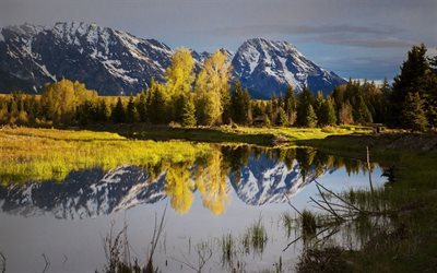 sommer, schnee, berge, wyoming, abend, see, usa
