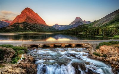 lake, dam, waterfall, glacier, sunset, mountains, usa, bridge, river, montana