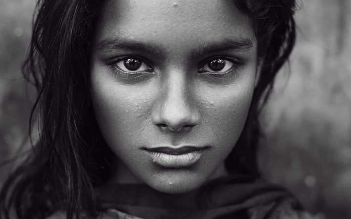 look, face, black and white, portrait of a girl, expressive eyes