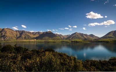 o lago wakatipu, nova zel&#226;ndia, paisagem de montanha, lago de montanha, montanhas, otago, monte nicolau, bela natureza, c&#233;u azul