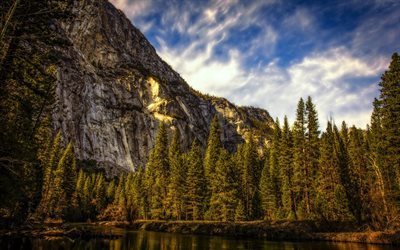 river, forest, usa, summer, rocks, evening, yosemite, mountains, national park, united states