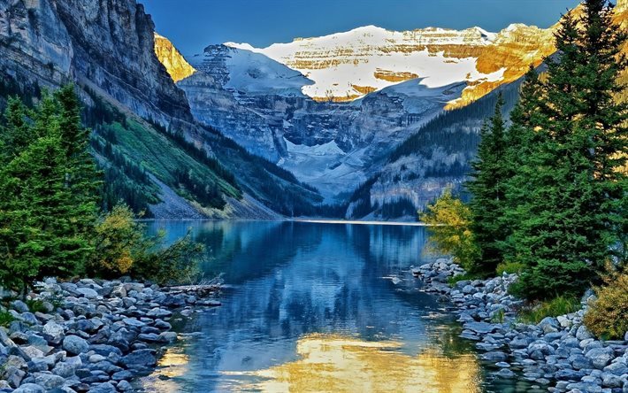 canada, sunset, banff, lake louise, spring, mountains, beautiful lake