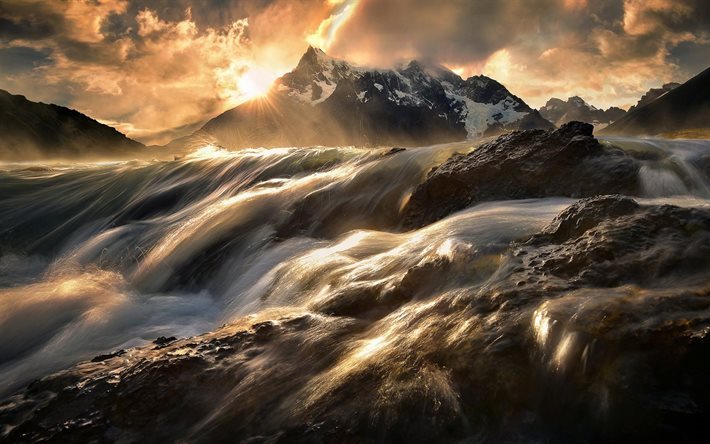 dawn, vuori joen, vuoret, river, chile, vett&#228;, aamulla, patagonia