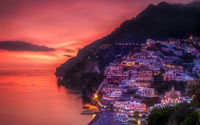 sunset, town, positano, sea, evening, mountain, italy