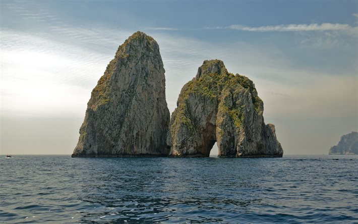 capri, sea, rocks, wave, naples, two rocks, italy, campania, tyrrhenian sea