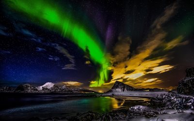 lofoten adaları, gece, norve&#231;, g&#246;l, dağlar, kuzey ışıkları, bergen airport