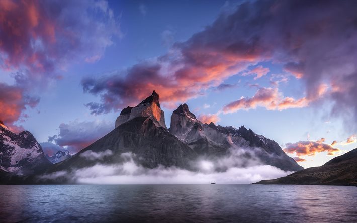 sea, dawn, rock, morning, mountains, fog