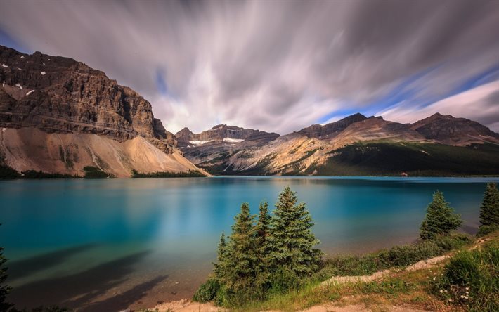 albert, lago de montanha, p&#244;r do sol, alberta, banff, rochas, canad&#225;, montanhas, bow lake