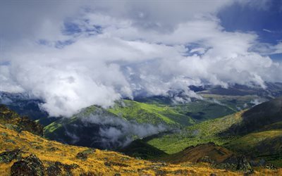 clouds, valley, mountains, top of mountain, mountain landscape